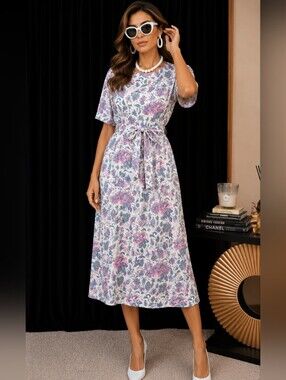 NANCY II Vintage Floral Tie-Waist Midi Dress in Lavender Pink